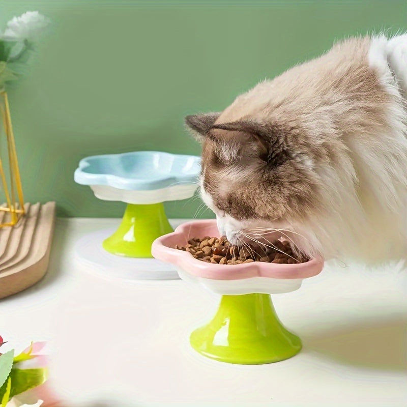 Raised Ceramic Bowl With Cat Flower Design Raised Cat Food Bowl Water Plate Snack Plate With Neck Protection Support