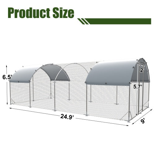 Large Metal Chicken Coop Upgrade Three Support Steel Wire Impregnated Plastic Net Cage, Oxford Cloth Silver Plated Waterproof UV Protection, Duck Rabbit Sheep Bird Outdoor House 9.2'W X 24.9'L X 6.5'H