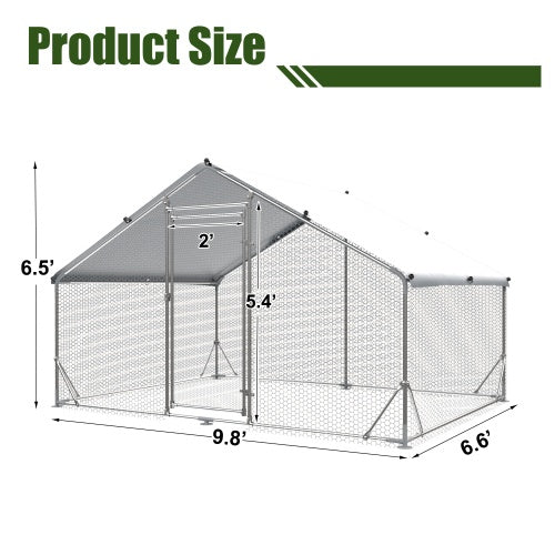 Large Metal Chicken Coop Upgrade Three Support Steel Wire Impregnated Plastic Net Cage, Oxford Cloth Silver Plated Waterproof UV Protection, House 9.8'W X 6.6'L X 6.5'H