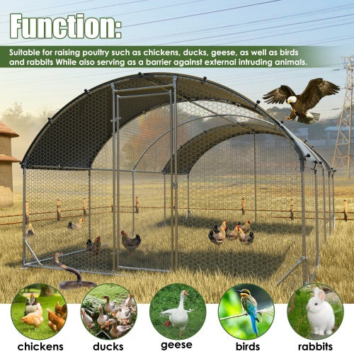 Large Metal Chicken Coop Upgrade Three Support Steel Wire Impregnated Plastic Net Cage, Oxford Cloth Silver Plated Waterproof UV Protection, Duck Rabbit Sheep Bird Outdoor House 9.2'W X 24.9'L X 6.5'H