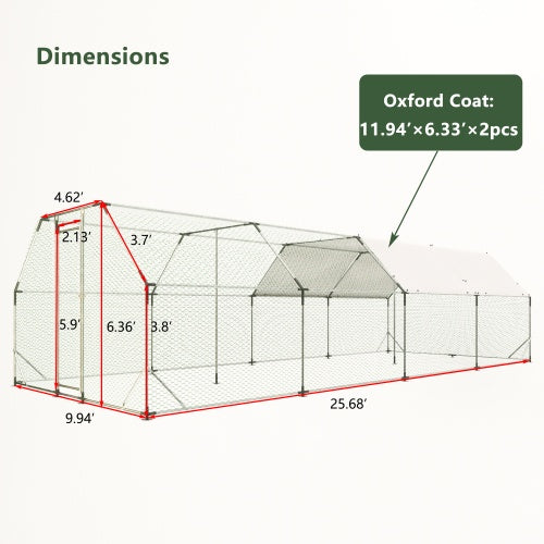 9.94 Ft. X 25.68 Ft. Galvanized Large Metal Walk In Chicken Coop Cage Farm Poultry Run Hutch Hen House