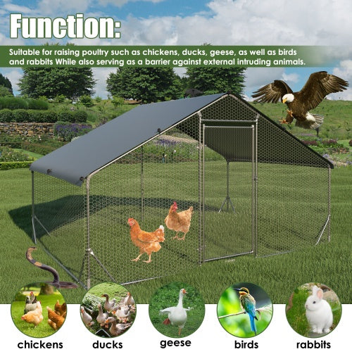 Large Metal Chicken Coop Upgrade Three Support Steel Wire Impregnated Plastic Net Cage, Oxford Cloth Silver Plated Waterproof UV Protection, House 9.8'W X 6.6'L X 6.5'H